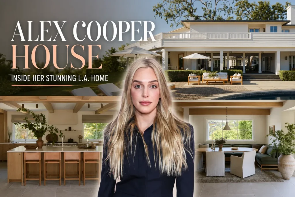 Alex Cooper standing in front of her stunning L.A. home with views of the house, pool, kitchen, and dining area