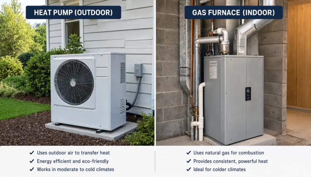 Heat Pump vs Furnace: A Complete Guide to Choosing the Right Heating System for Your Home Heat pump outdoor unit and indoor gas furnace side by side comparison showing heating systems for residential home energy efficiency