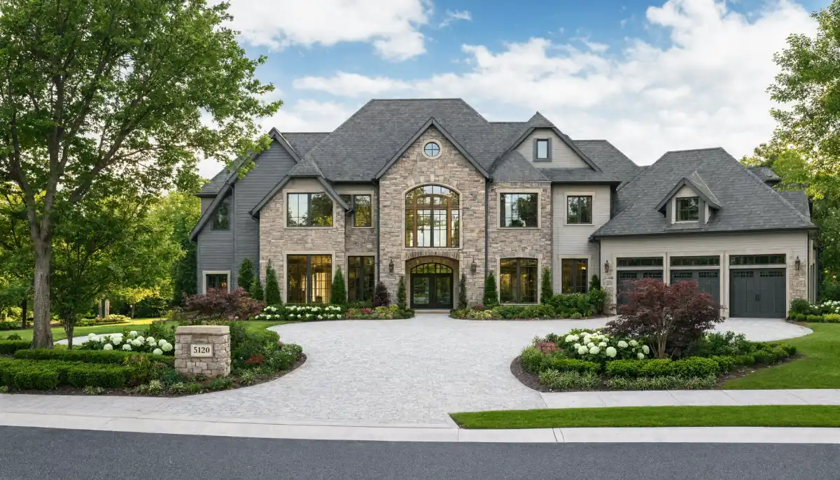 Elegant $6.5 million Michigan mansion with a grand stone facade, arched entryway, landscaped front yard, circular driveway, and three-car garage in a luxury residential neighborhood.