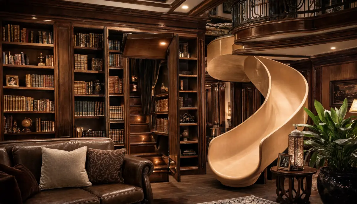 Luxury home library with a hidden bookcase doorway, secret passage, curved indoor slide, rich wood paneling, and custom built-in bookshelves creating a one-of-a-kind interior.
