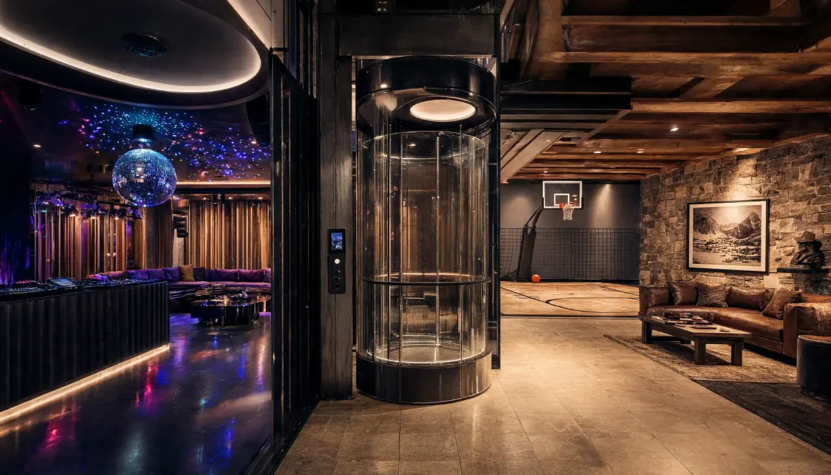 Luxury home interior with a private glass elevator, hidden entertainment lounge, indoor basketball court, and secret passage inspired design that combines playful features with upscale living.