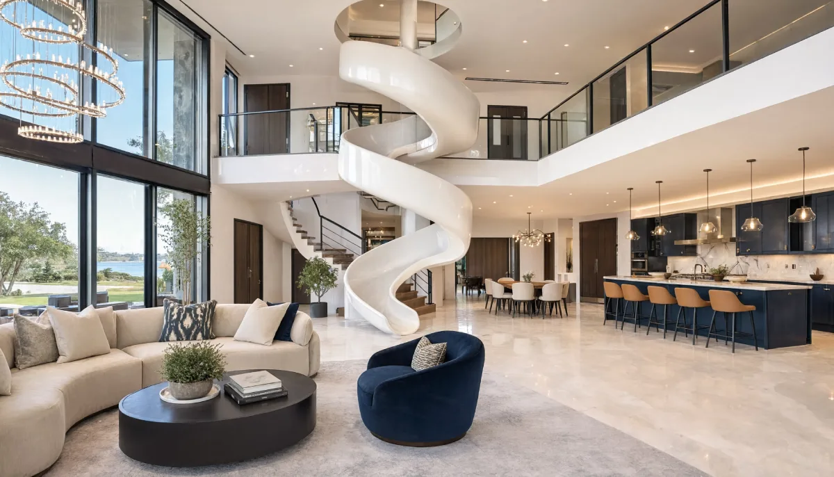Luxury Michigan home interior with a sculptural spiral slide, open concept living area, gourmet kitchen, and floor to ceiling windows