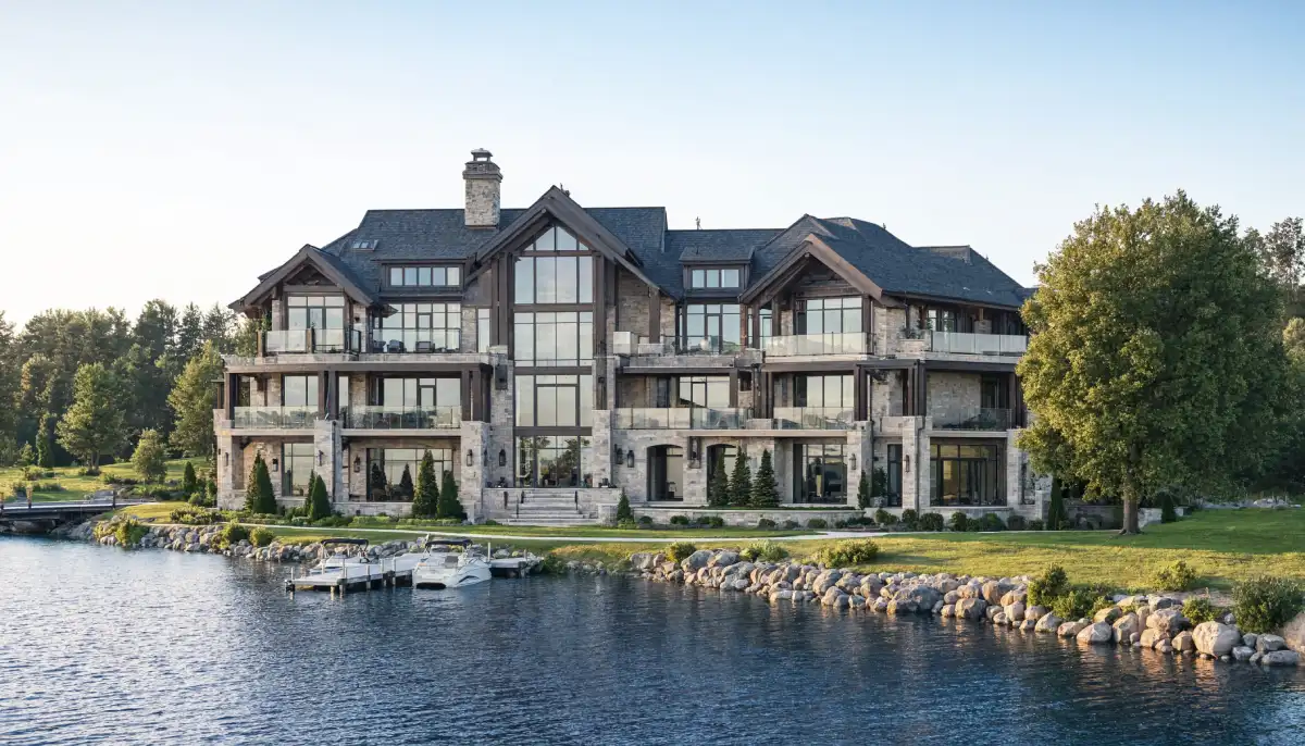 Luxury waterfront estate with expansive stone exterior, floor to ceiling windows, private boat dock, multiple balconies, and landscaped shoreline showcasing an impressive property overview.
