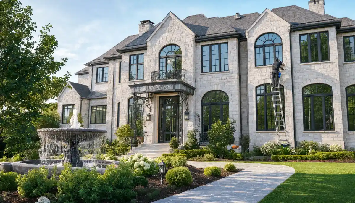 Luxury six story mansion exterior with a stone facade, landscaped front garden, decorative fountain, and maintenance worker cleaning upper windows to preserve the home's elegant appearance.