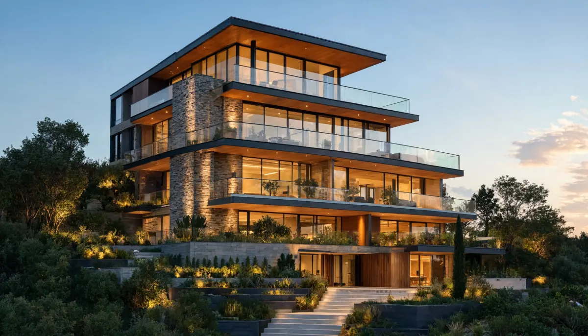 Modern six story luxury home with glass balconies, stone exterior, and floor to ceiling windows showcasing contemporary architectural design