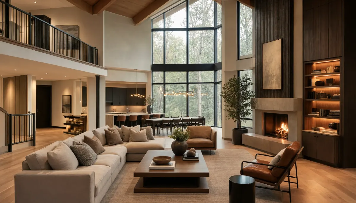 Modern luxury living room with soaring ceilings, floor to ceiling windows, cozy seating areas, built in fireplace, and an open concept layout that balances spaciousness with intimate gathering spaces.