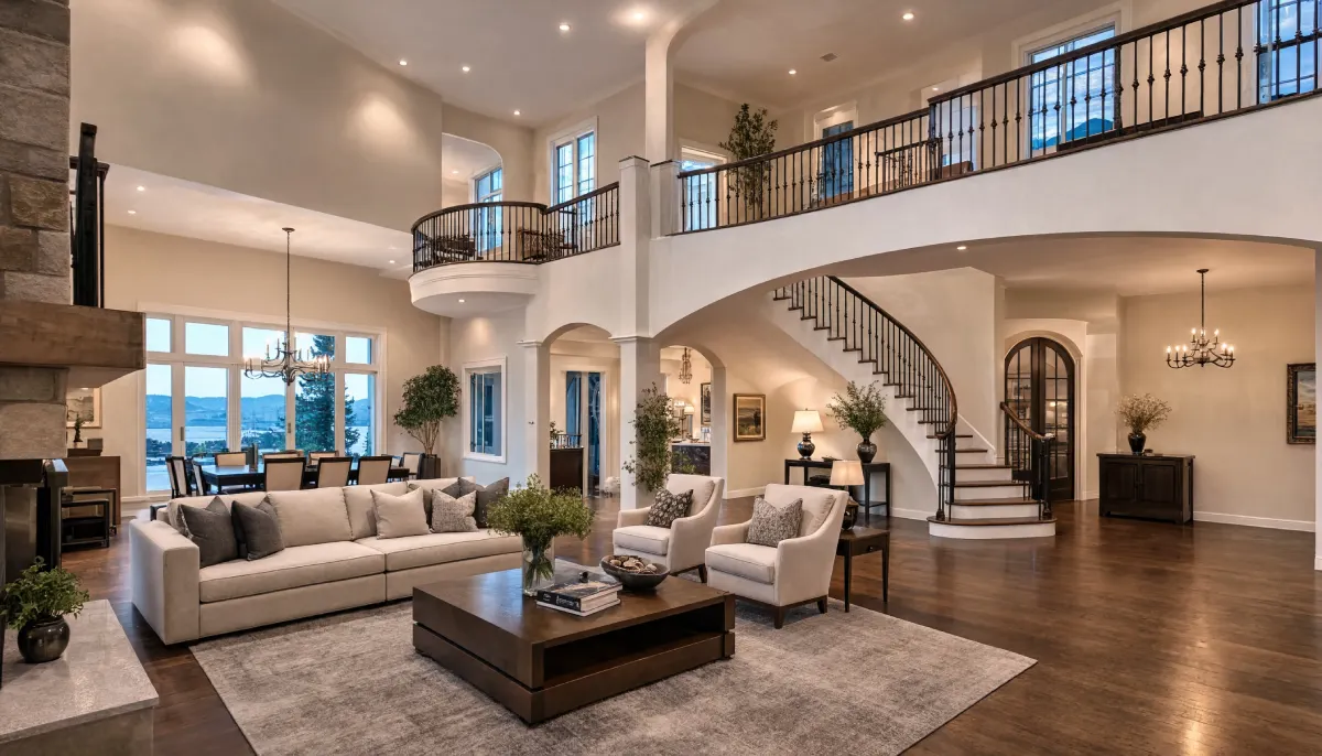 Spacious six story mansion interior with a grand open concept living room, sweeping curved staircase, double height ceilings, and elegant family gathering spaces designed for luxury living.