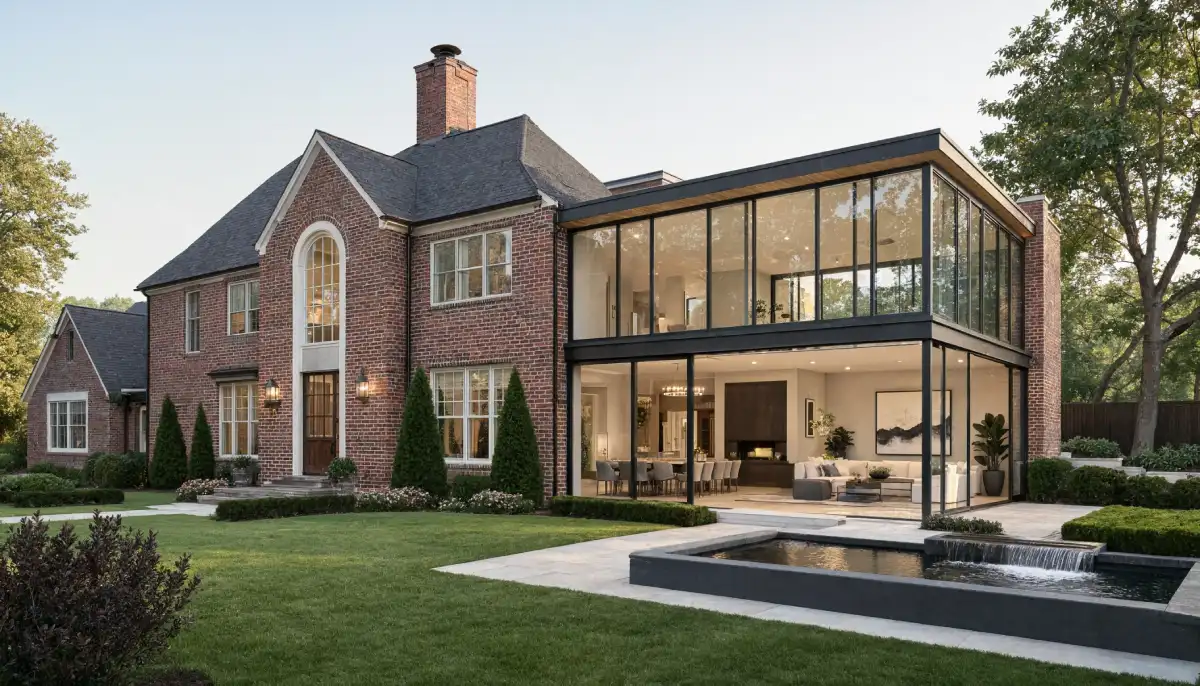 Traditional brick home with a modern glass extension, open concept living space, floor to ceiling windows, landscaped backyard, and sleek water feature blending classic architecture with contemporary luxury.