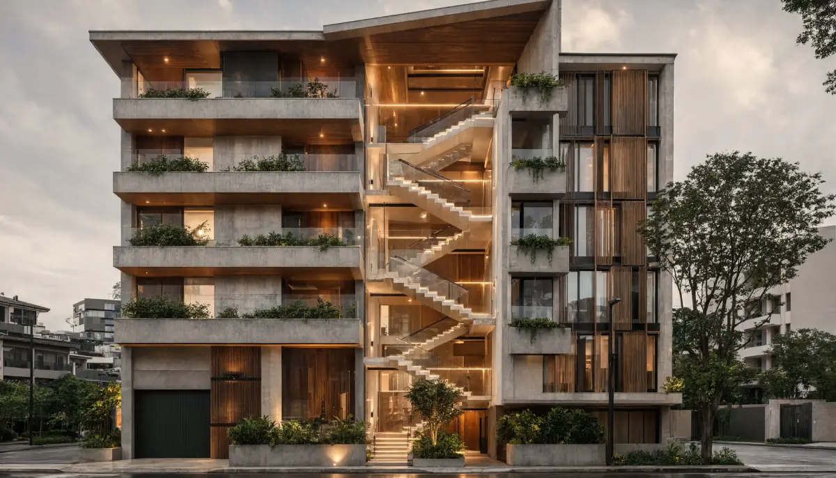 Modern six story residential building with exposed concrete architecture, cascading balconies, illuminated open staircase, and lush integrated planters showcasing innovative urban design.