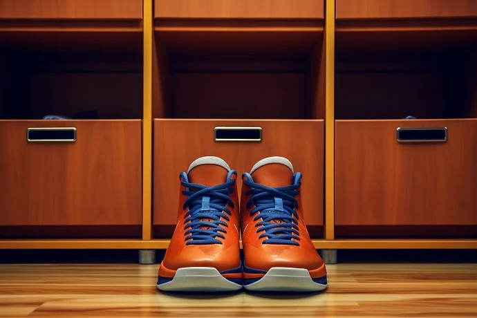 Pair of orange sneakers placed in front of a wooden shoe storage cabinet with neatly organized compartments.