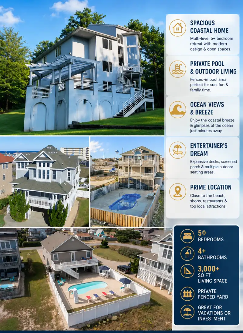 Aerial and exterior views of Bobby Lee’s house, showcasing a spacious coastal-style home, private swimming pool, outdoor decks, fenced yard, and surrounding property.