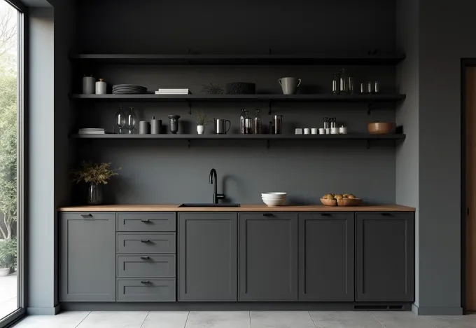 15 Black and Grey Kitchen Ideas That Will Transform Your Space - Interior Design - Homedecortoday Kitchen with black open shelving displaying white dishes and plants