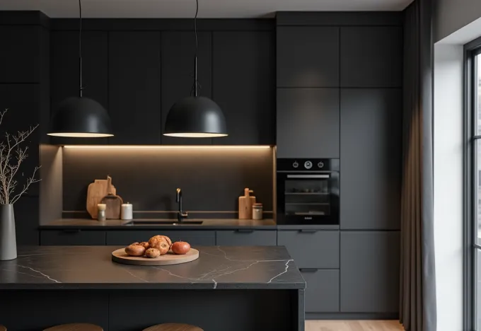 15 Black and Grey Kitchen Ideas That Will Transform Your Space - Interior Design - Homedecortoday Modern kitchen with black pendant lights hanging over the island