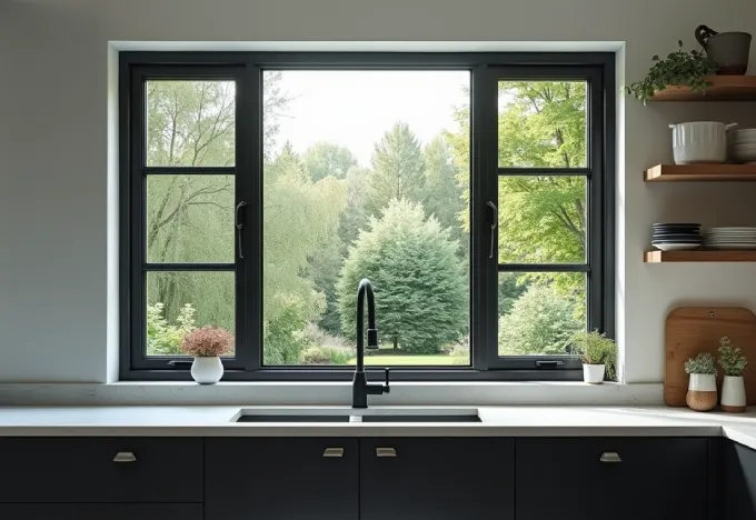 15 Black and Grey Kitchen Ideas That Will Transform Your Space - Interior Design - Homedecortoday Kitchen with black window frames overlooking the garden