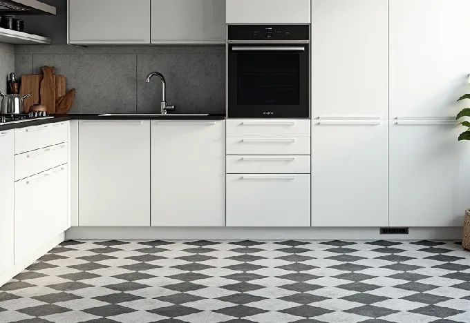 15 Black and Grey Kitchen Ideas That Will Transform Your Space - Interior Design - Homedecortoday Kitchen with black and grey geometric tile floor and white cabinets