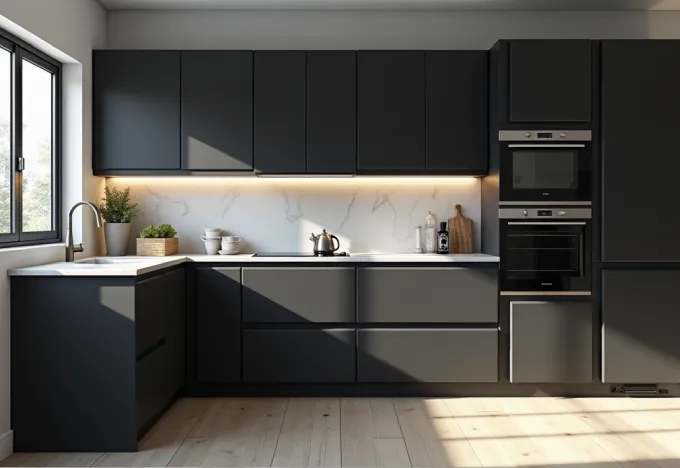 15 Black and Grey Kitchen Ideas That Will Transform Your Space - Interior Design - Homedecortoday Kitchen with black upper cabinets and grey lower cabinets