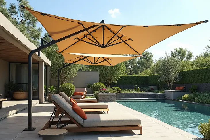 15 Shade Ideas for Backyards 'Beat the Heat in Style' - Building & Construction - Homedecortoday Large cantilever umbrella providing adjustable shade over the outdoor seating area