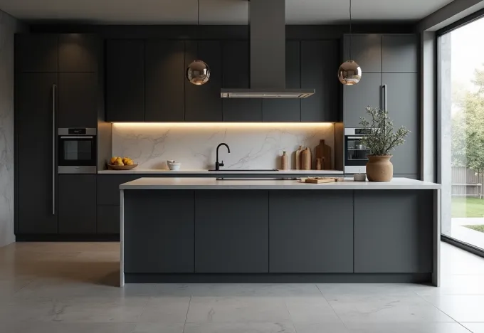 15 Black and Grey Kitchen Ideas That Will Transform Your Space - Interior Design - Homedecortoday Spacious kitchen with charcoal grey island and white countertop