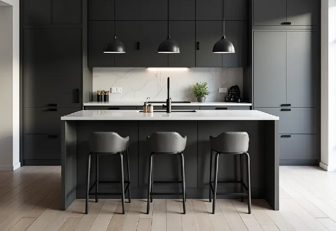15 Black and Grey Kitchen Ideas That Will Transform Your Space - Interior Design - Homedecortoday Kitchen island with grey leather bar stools and black pendant lights
