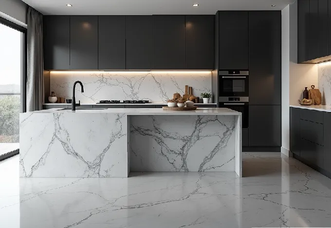 15 Black and Grey Kitchen Ideas That Will Transform Your Space - Interior Design - Homedecortoday Elegant grey marble kitchen countertop with subtle veining