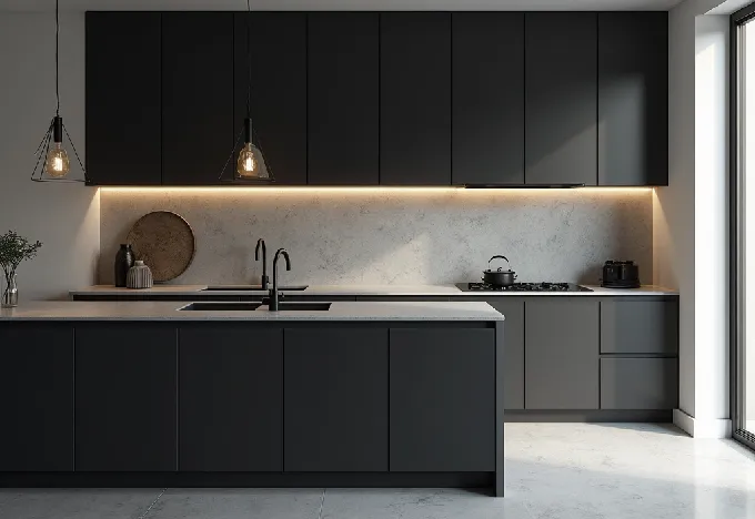 15 Black and Grey Kitchen Ideas That Will Transform Your Space - Interior Design - Homedecortoday Modern kitchen with grey quartz countertops and black cabinets