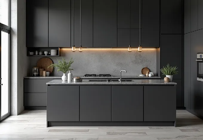 15 Black and Grey Kitchen Ideas That Will Transform Your Space - Interior Design - Homedecortoday Kitchen with grey textured walls and black cabinets