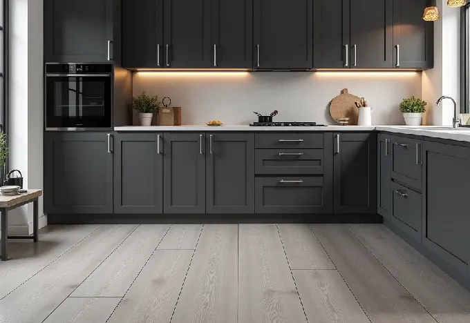 15 Black and Grey Kitchen Ideas That Will Transform Your Space - Interior Design - Homedecortoday Modern kitchen with grey wood flooring and black cabinets