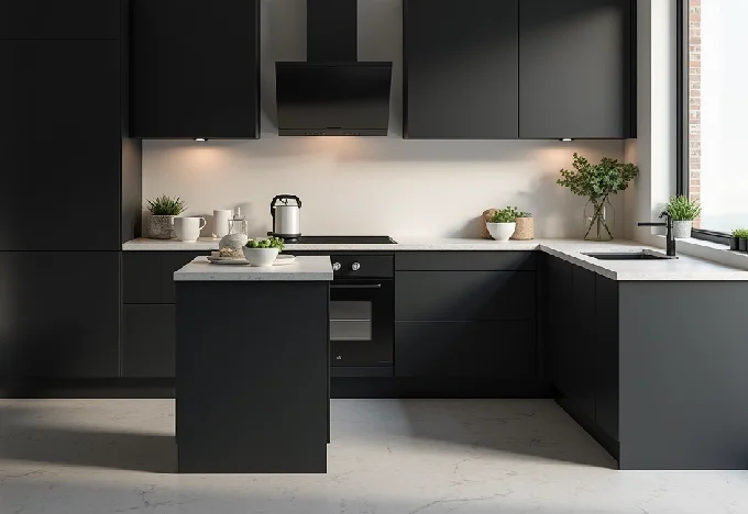 15 Black and Grey Kitchen Ideas That Will Transform Your Space - Interior Design - Homedecortoday Sleek matte black kitchen cabinets with modern hardware