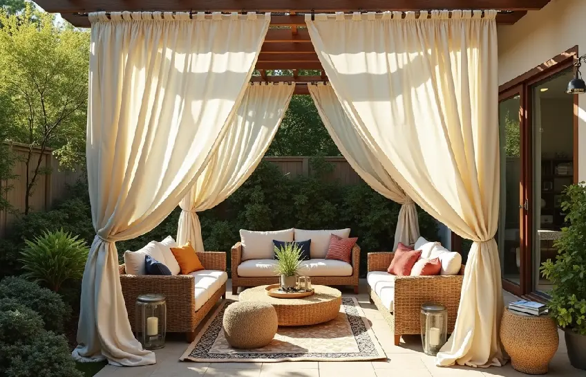 Top outdoor accessories to pair with curtains for a cozy backyard, including string lights and comfortable seating.