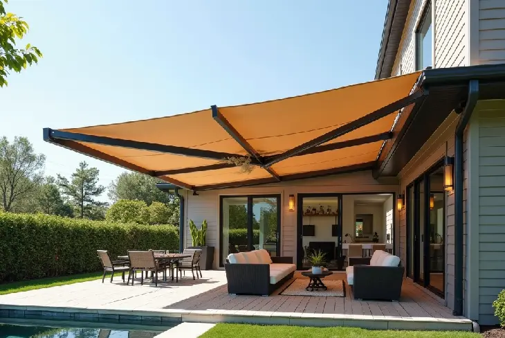 15 Shade Ideas for Backyards 'Beat the Heat in Style' - Building & Construction - Homedecortoday Retractable awning extended over a patio, providing adjustable shade