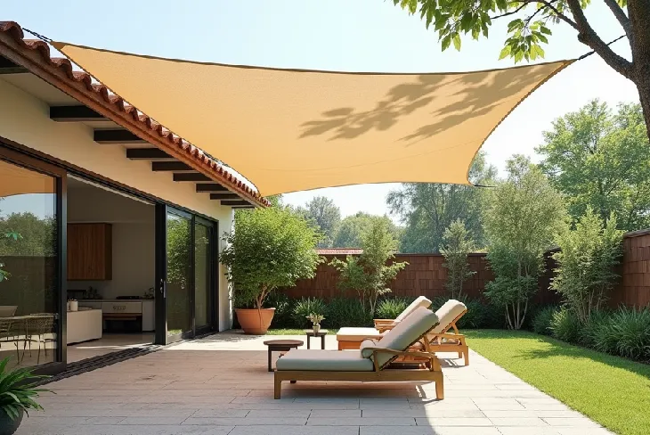 Collage of various backyard shade ideas including pergolas, shade sails, and outdoor curtains