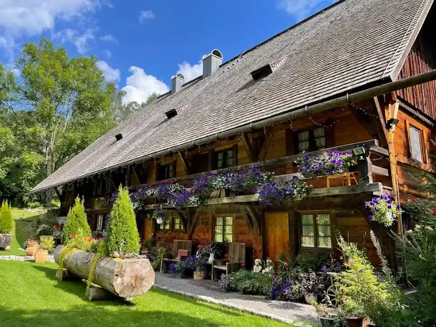 A wooden house surrounded by greenery and flowers under a clear blue sky, promoting sustainable living.