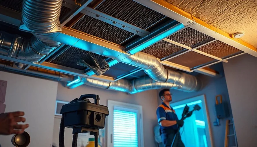 Indoor air duct maintenance with a technician cleaning the system