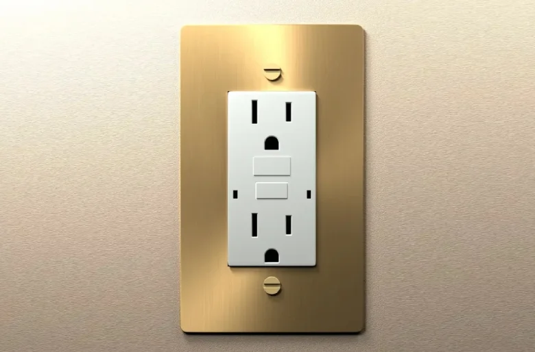 Brass outlet plate with a white electrical socket on a beige wall.