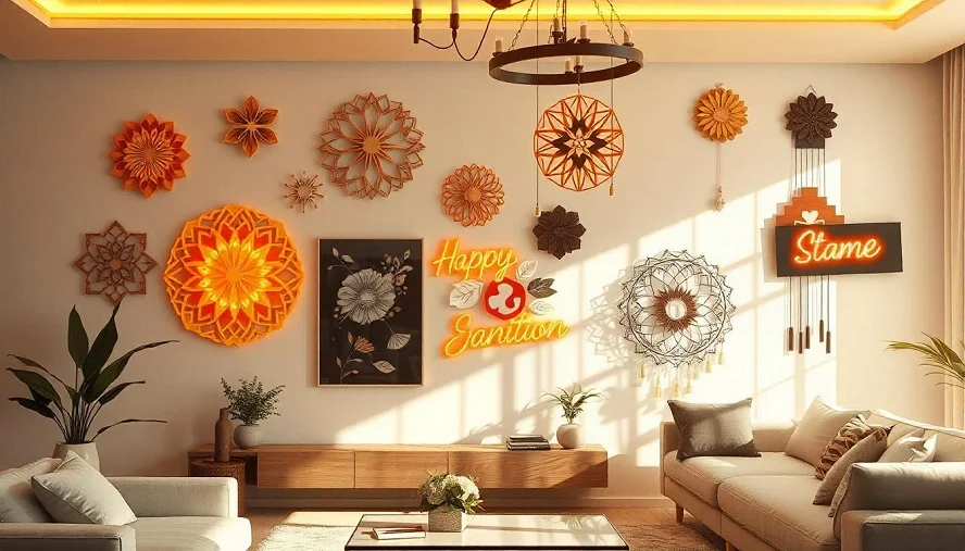 Modern living room decorated with intricate laser-cut decor artworks, including geometric wall art and floral patterns.