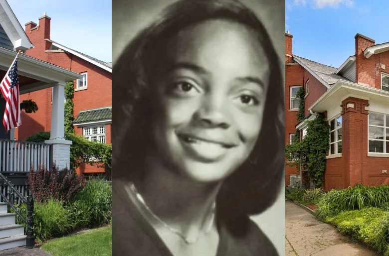 Collage showing Lori Lightfoot’s portrait and her red-brick house with a landscaped yard, showcasing its historic charm and modern appeal.