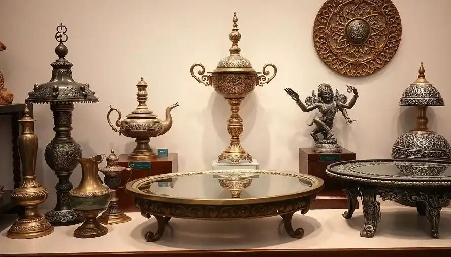 Handcrafted bronze luxury decor items from different cultures, including Indian and Arabian bronze art pieces.