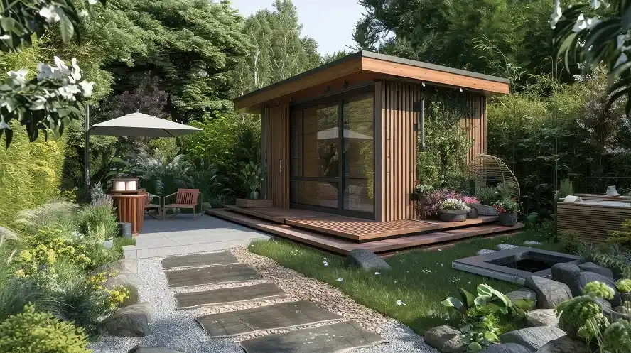 Modern garden room with wooden design and lush greenery