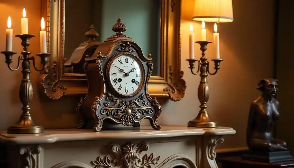 Elegant handcrafted bronze mantel clock surrounded by candlesticks and a bronze-framed mirror.