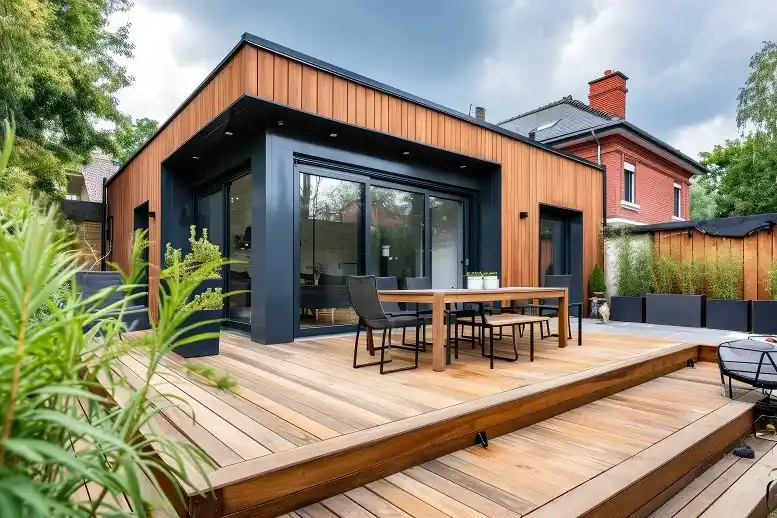 Outdoor dining pavilion with timber frame and modern furniture