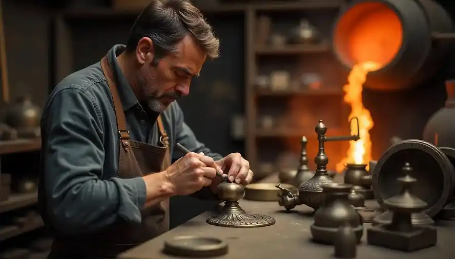 Artisan shaping a handcrafted bronze piece with molten bronze pouring in the background.