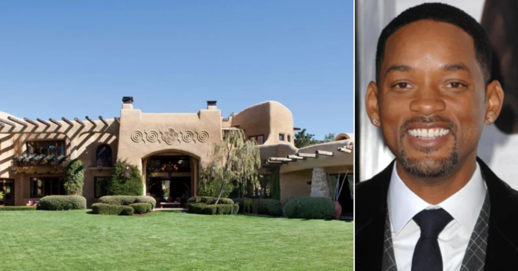 Will Smith House in Calabasas reflected in infinity pool at twilight, showcasing the $42 million luxury estate's adobe-style architecture alongside a portrait of the smiling actor