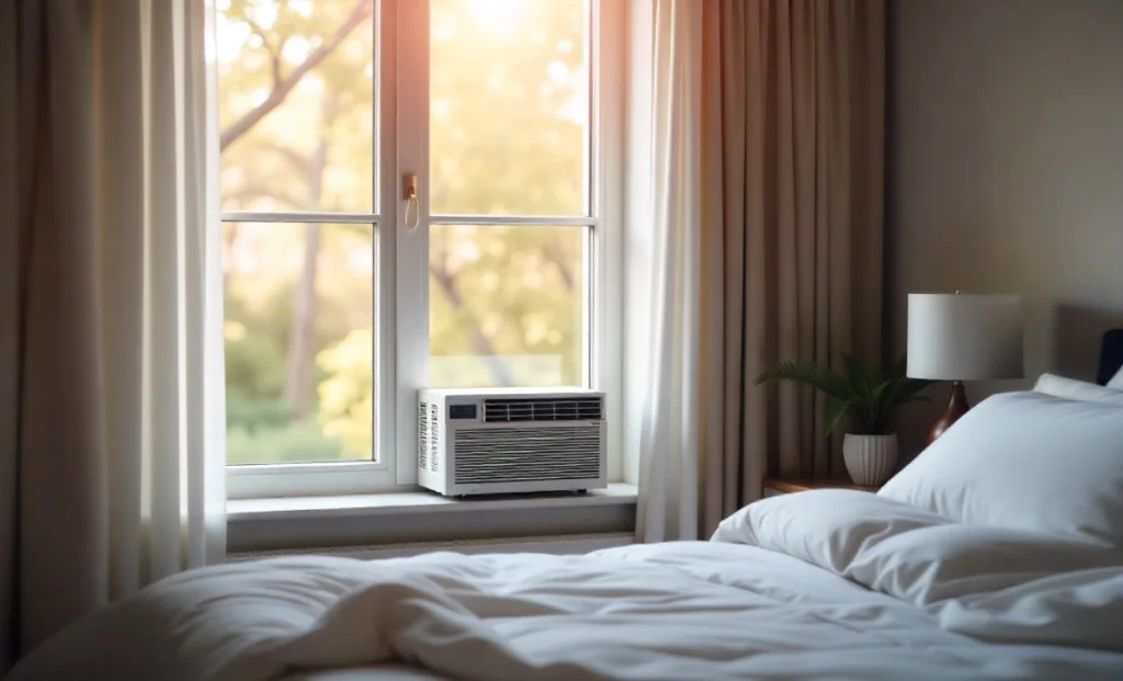 AKW 06CR4 window unit installed in small bedroom showing 6000 BTU air conditioner cooling compact space efficiently
