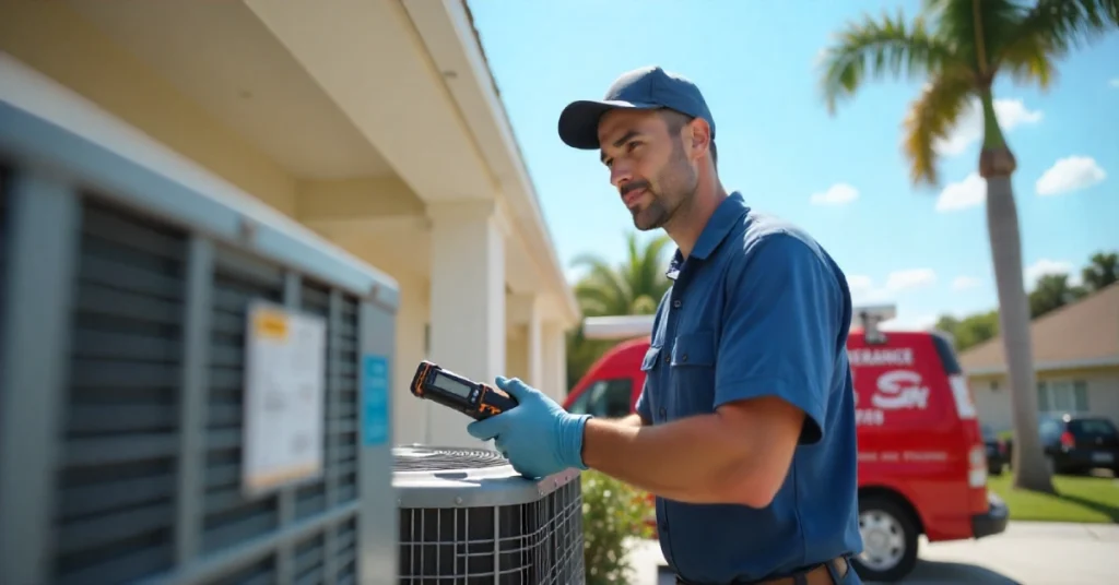 Professional HVAC technician performing hvacinriverview.com ac repair on outdoor unit in Tampa Bay Florida home