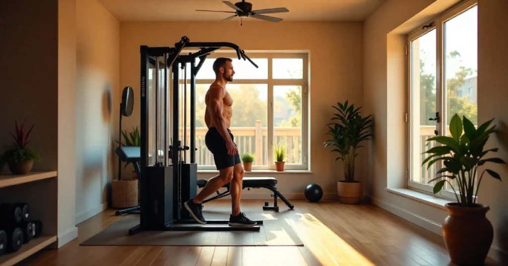 Person using Fitnara home gym equipment in organized workout space showing how to evaluate home gym meteorology shop setup quality