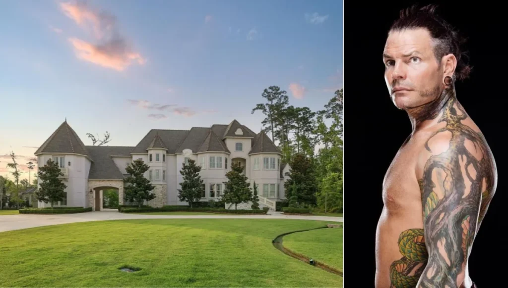 Jeff Hardy house exterior view showing large white mansion with wrestler Jeff Hardy portrait displaying his signature tattoos