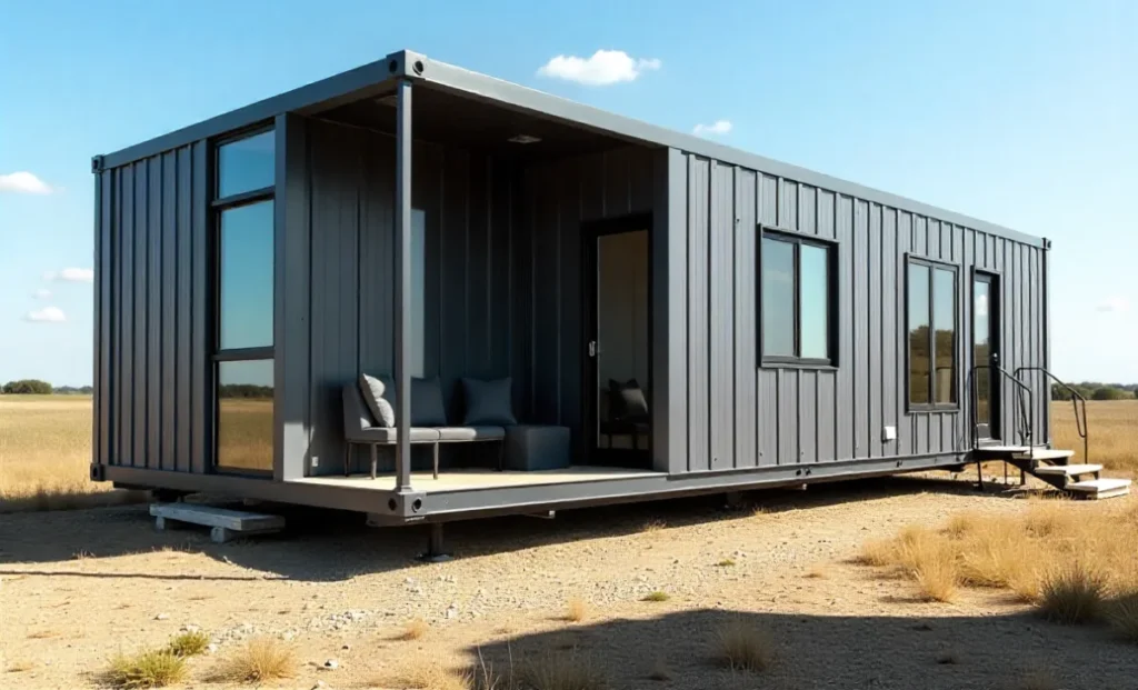 Madbox Real Estate modern container home with large windows in rural Texas setting affordable housing investment