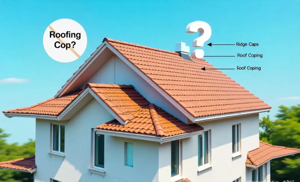 House roof diagram showing ridge caps and roof coping with roofing cop term crossed out for homeowner education