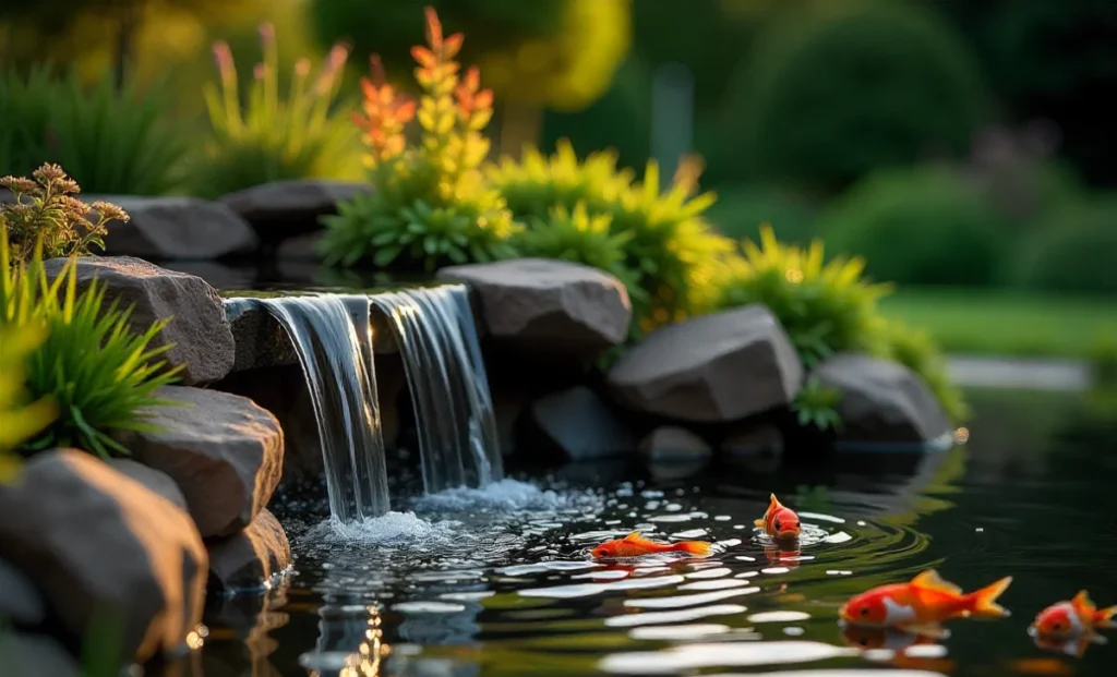 Beautiful backyard pond with waterfall featuring natural stone cascade and aquatic plants in residential garden setting