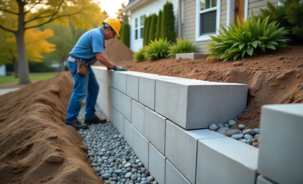 Concrete wall retaining system installation showing interlocking blocks and drainage on residential slope